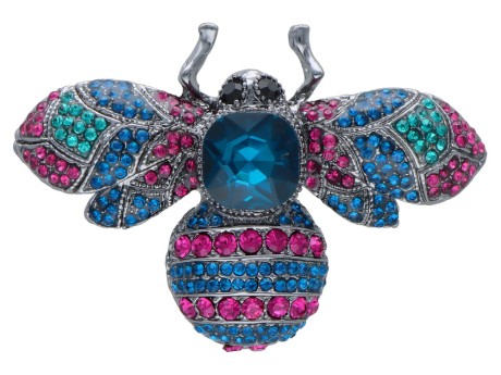 Broszka ozdobna duża z cyrkoniami niebiesko-różowa