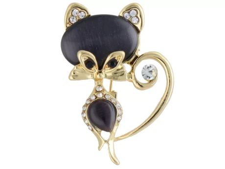 Broszka Kot czarny z cyrkoniami